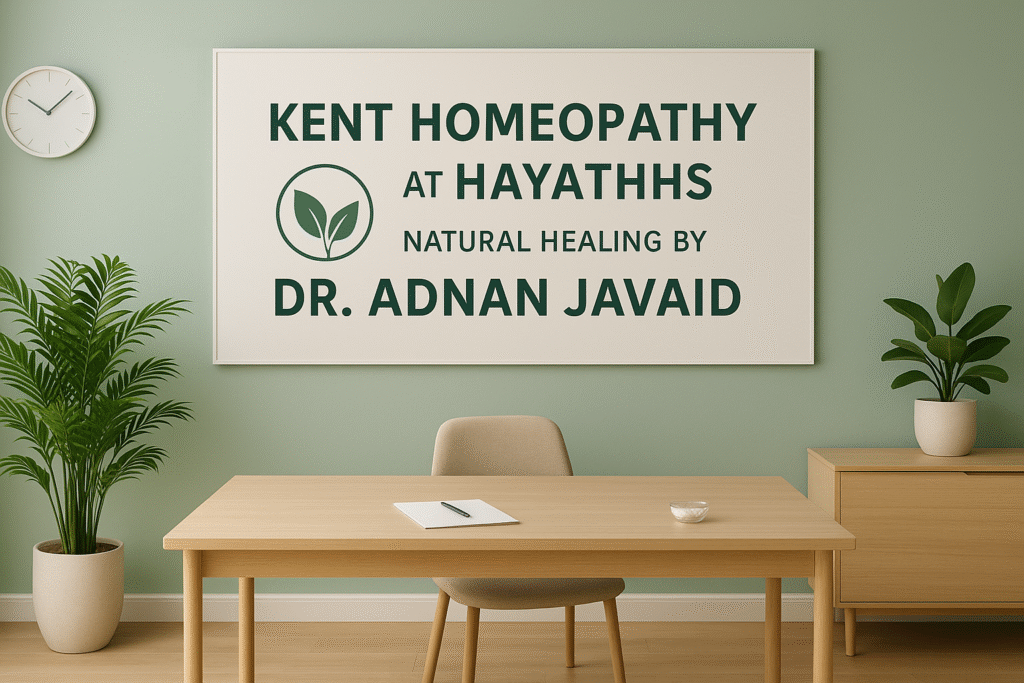 A modern and calming interior of HayatHHS Clinic in Bahria Town Lahore, featuring a wooden desk, green walls, indoor plants, and a signboard promoting Kent Homeopathy with Dr. Adnan Javaid’s name.